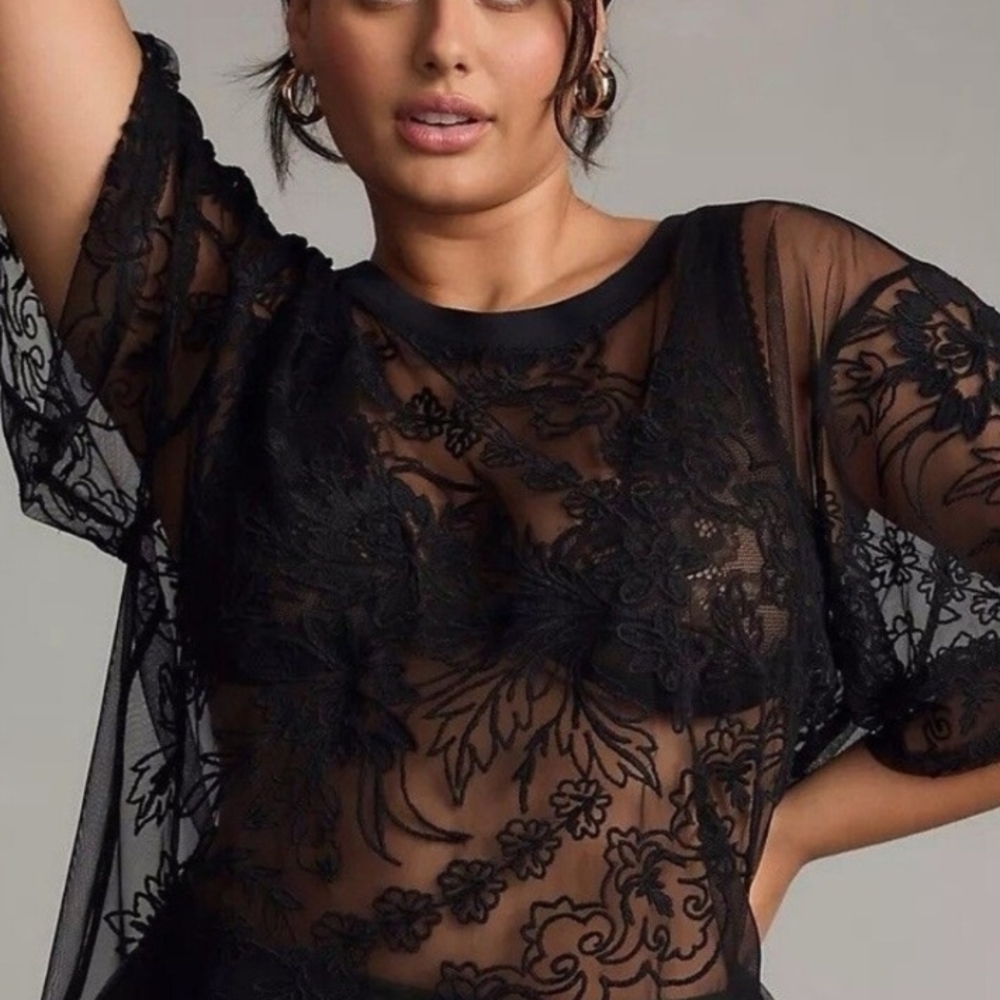 *NWT* Anthropologie Black Lace Short Sleeve Top